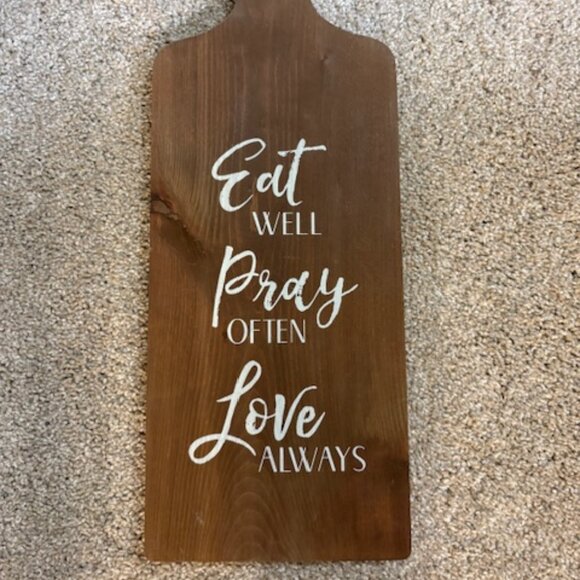 WOOD "EAT/PRAY/LOVE" KITCHEN CUTTING BOARD WALL DECOR. 19"X7" - Picture 2 of 5